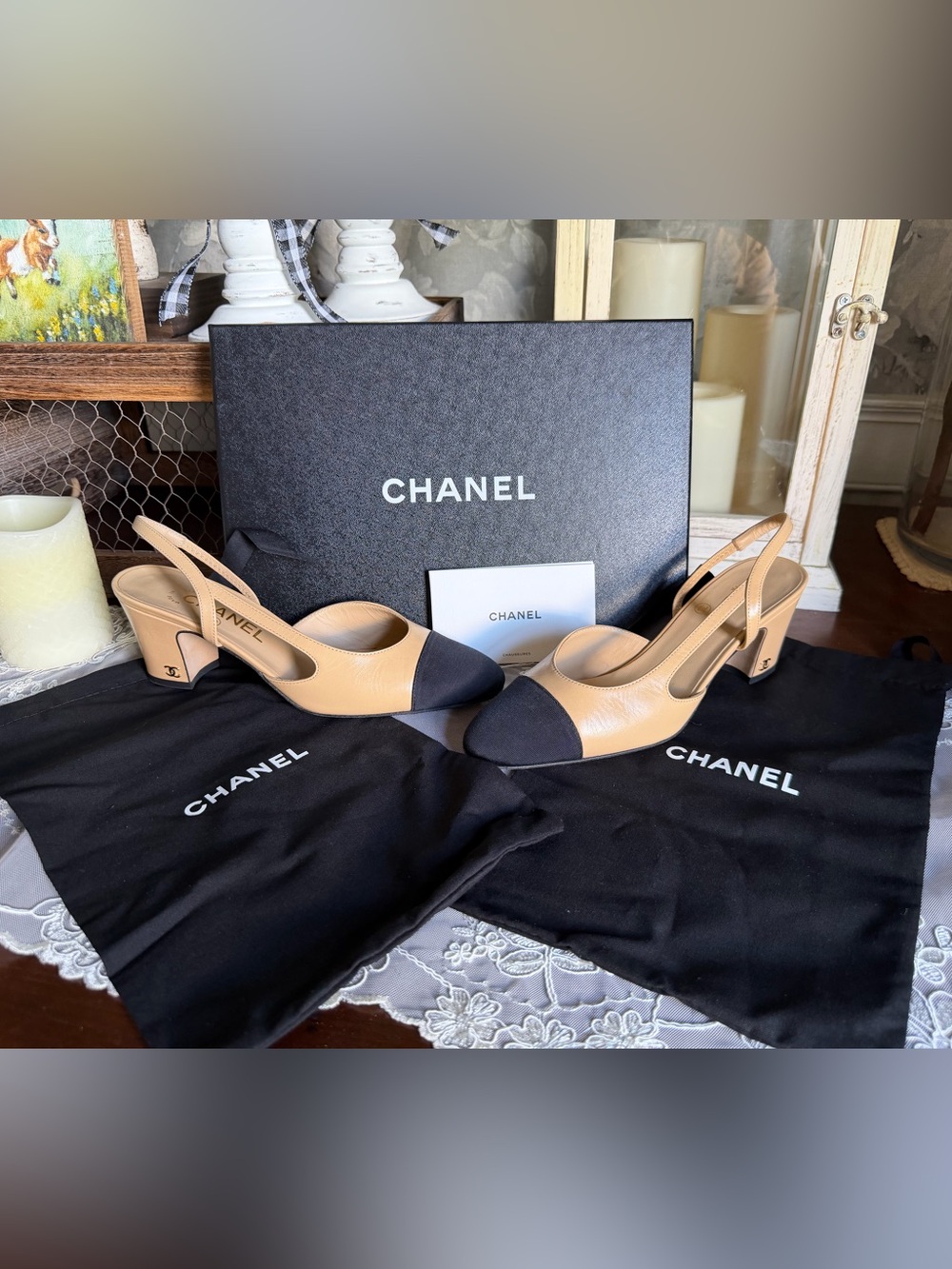 CHANEL Classic Two-tone Beige Goatskin Leather & Black Grosgrain Slingback Pumps